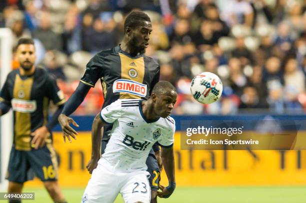 Vancouver Whitecaps forward Kekuta Manneh heads the ball ahead of Philadelphia Union midfielder Derrick Jones during the game between the Vancouver...