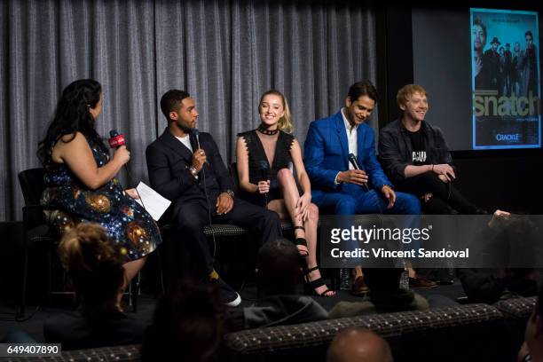 Jenelle Riley of Variety and Actors Lucien Laviscount, Phoebe Dynevor, Luke Pasqualino and Rupert Grint attend SAG-AFTRA Foundation's Conversations...