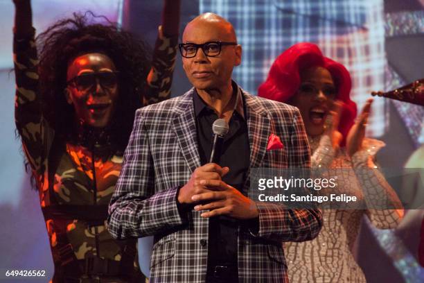 RuPaul makes a surprise appearance onstage during "RuPaul's Drag Race" Season 9 Premiere Party & Meet The Queens Event at PlayStation Theater on...
