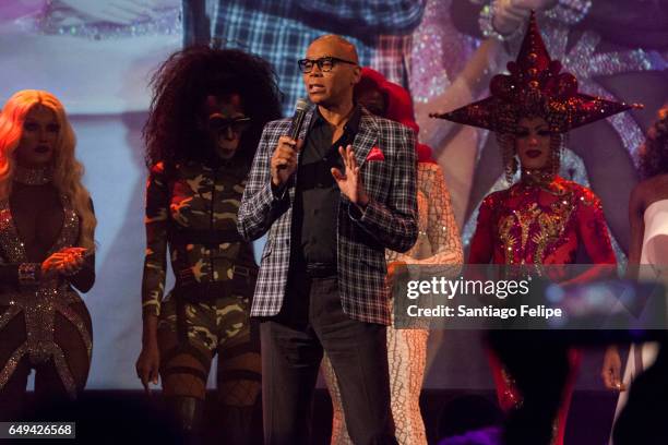 RuPaul makes a surprise appearance onstage during "RuPaul's Drag Race" Season 9 Premiere Party & Meet The Queens Event at PlayStation Theater on...