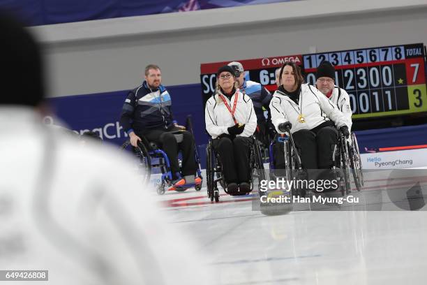 Beatrix Blauel from Switzerland delivers a stone during the World Wheelchair Curling Championship 2017 - test event for PyeongChang 2018 Winter...