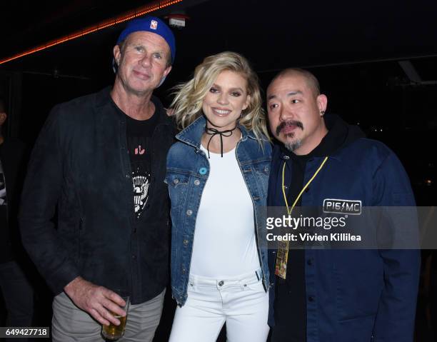Musician Chad Smith, actress AnnaLynne McCord and founder and CEO of Hudson Jeans Peter Kim attend a private event hosted by Hudson at Hyde Staples...