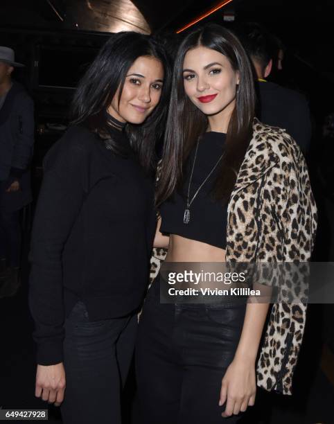 Actresses Emmanuelle Chriqui and Victoria Justice attend a private event hosted by Hudson at Hyde Staples Center for a Red Hot Chili Peppers concert...