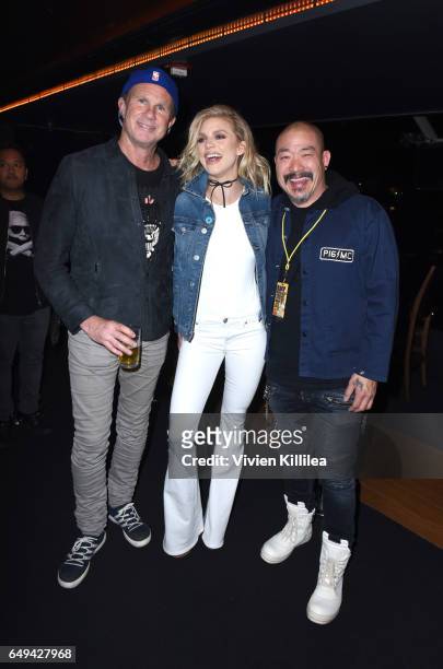 Musician Chad Smith, actress AnnaLynne McCord and founder and CEO of Hudson Jeans Peter Kim attend a private event hosted by Hudson at Hyde Staples...