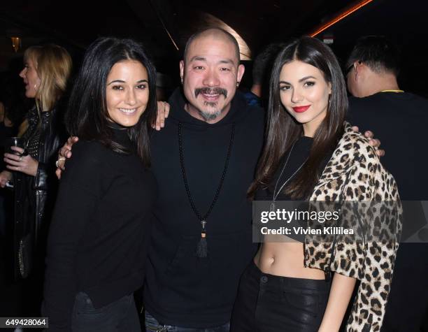 Actress Emmanuelle Chriqui, founder and CEO of Hudson Jeans Peter Kim and actress Victoria Justice attend a private event hosted by Hudson at Hyde...