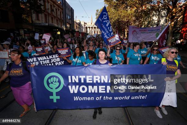 Thousands of demonstrators attend a rally for International Women's Day on March 8, 2017 in Melbourne, Australia. Marchers were calling for...