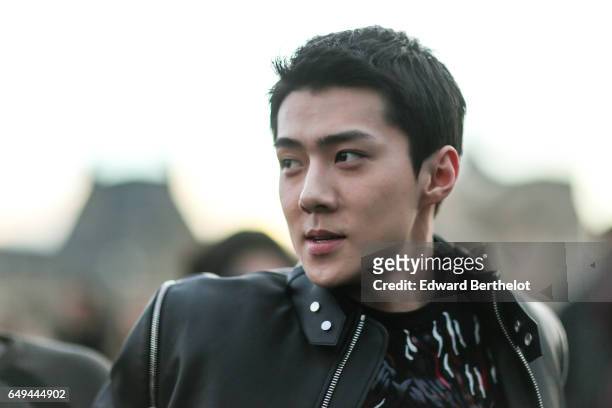 Oh Sehun, Korean singer from EXO and actor, is seen before the Louis Vuitton show, during Paris Fashion Week Womenswear Fall/Winter 2017/2018, on...