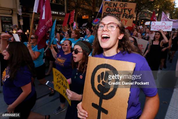 Thousands of demonstrators attend a rally for International Women's Day on March 8, 2017 in Melbourne, Australia. Marchers were calling for...