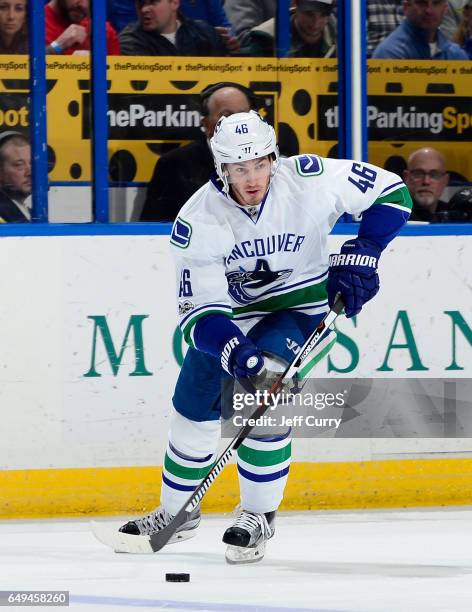 Jayson Megna of the Vancouver Canucks handles the puck against the St. Louis Blues on February 16, 2017 in St. Louis, Missouri.