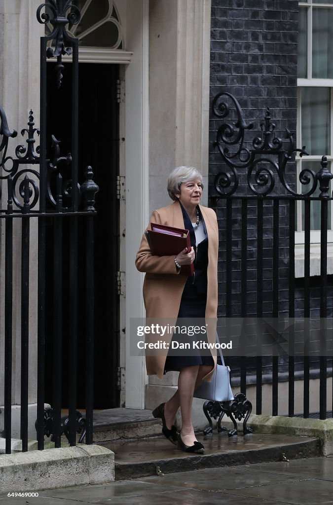 Theresa May Leaves Downing Street For Prime Minister's Questions Ahead Of The 2017 Budget