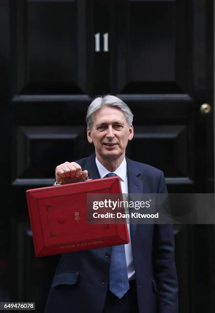 Chancellor of the Exchequer Philip Hammond holds the budget box up to the media as he leaves 11 Downing Street on March 8, 2017 in London, England....