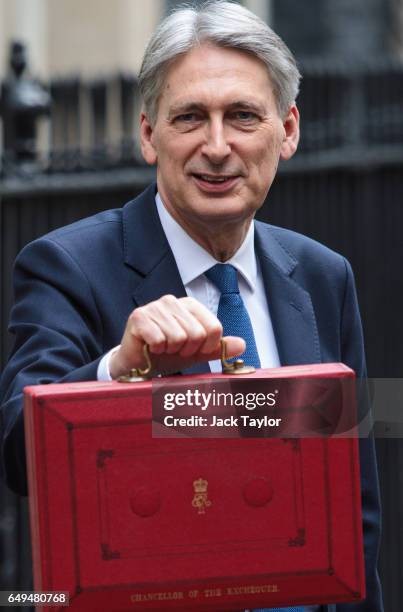 British Chancellor of the Exchequer Philip Hammond holds the budget box outside 11 Downing Street on March 8, 2017 in London, England. Today's Budget...