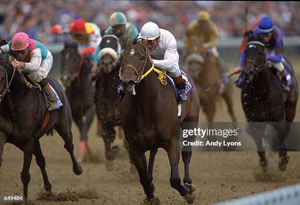 Kona Gold riden by jockey Alex O. Solis runs to a first place finish in the Breeders Cup Sprint during the Breeder's Cup at Churchhill Downs in...