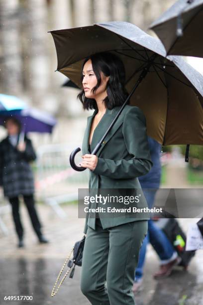 Nicole Warne is seen, outside the Elie Saab show, during Paris Fashion Week Womenswear Fall/Winter 2017/2018, on March 4, 2017 in Paris, France.
