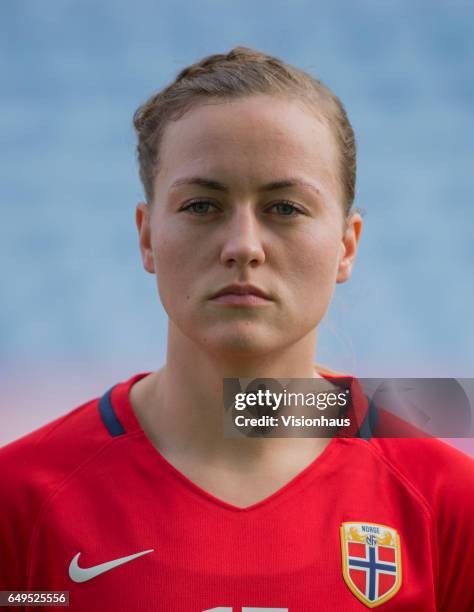 Kristine Minde of Norway during the Group B 2017 Algarve Cup match between Norway and Japan at the Estadio Algarve on March 06, 2017 in Faro,...