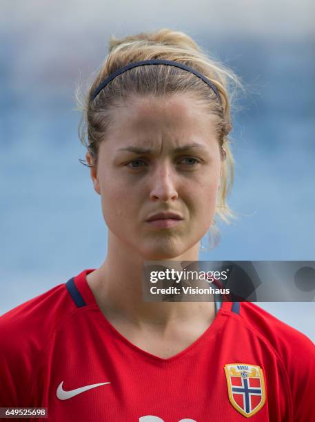 Ingrid Marie Spord of Norway during the Group B 2017 Algarve Cup match between Norway and Japan at the Estadio Algarve on March 06, 2017 in Faro,...