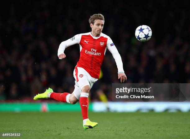 Nacho Monreal of Arsenal in action during the UEFA Champions League Round of 16 second leg match between Arsenal FC and FC Bayern Muenchen at...