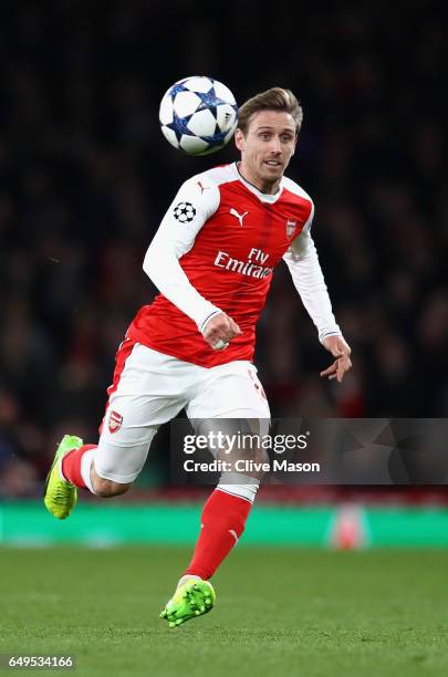 Nacho Monreal of Arsenal in action during the UEFA Champions League Round of 16 second leg match between Arsenal FC and FC Bayern Muenchen at...