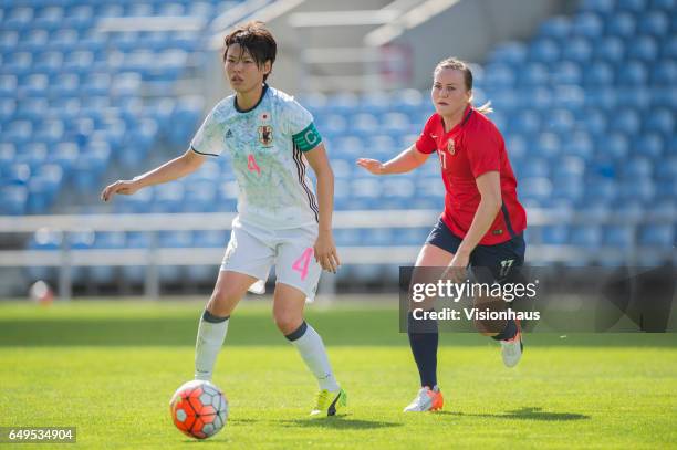 Saki Kumagai of Japan and Kristine Minde of Norway during the Group B 2017 Algarve Cup match between Norway and Japan at the Estadio Algarve on March...