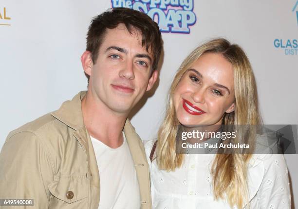 Actors Kevin McHale and Becca Tobin attend the premiere of "Dropping The Soap" at the Writers Guild Theater on March 7, 2017 in Beverly Hills,...