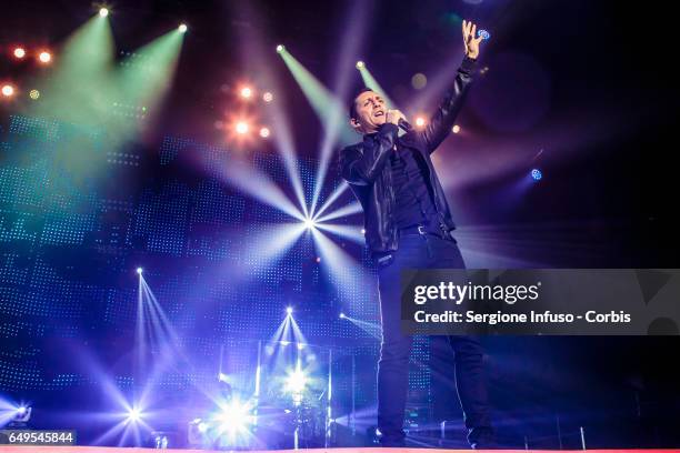 Kekko Silvestre of Italian pop band Modà performs on stage on March 7, 2017 in Milan, Italy.