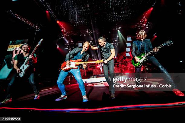 Stefano Forcella, Enrico Zapparoli, Kekko Silvestre and Diego Arrigoni of Italian pop band Modà perform on stage on March 7, 2017 in Milan, Italy.