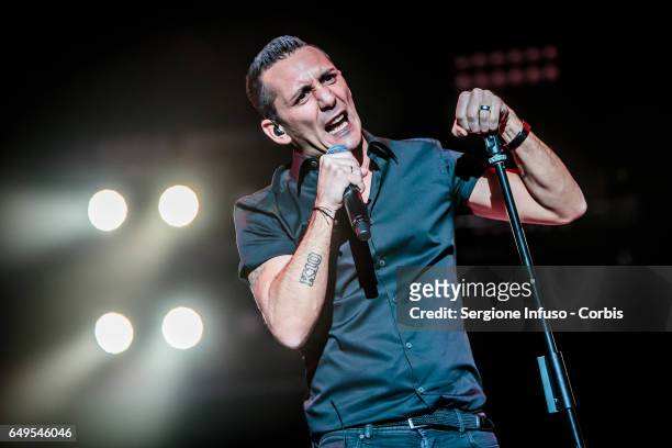 Kekko Silvestre of Italian pop band Modà performs on stage on March 7, 2017 in Milan, Italy.