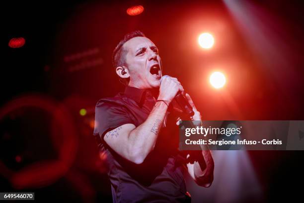 Kekko Silvestre of Italian pop band Modà performs on stage on March 7, 2017 in Milan, Italy.