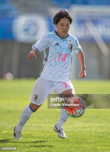 Yu Nakasato of Japan during the Group B 2017 Algarve Cup match between Norway and Japan at the Estadio Algarve on March 06, 2017 in Faro, Portugal.