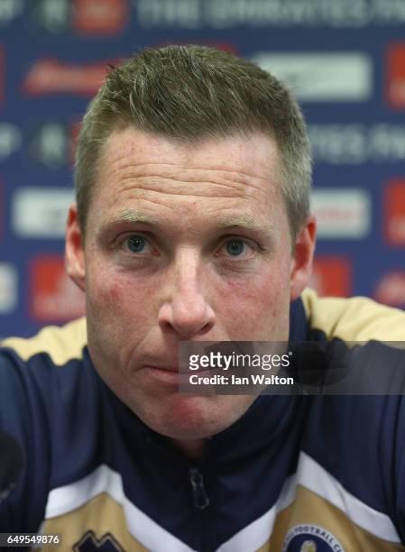 Neil Harris, Millwall manager, speaks to the media during the Millwall Press Conference ahead of Sunday's FA Cup fixture against Tottenham Hotspur at...