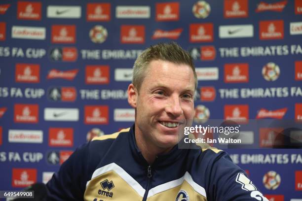 Neil Harris, Millwall manager, speaks to the media during the Millwall Press Conference ahead of Sunday's FA Cup fixture against Tottenham Hotspur at...