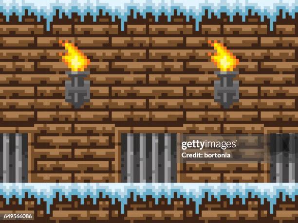 pixel art icy dungeon seamless horizontal pattern - empty prison cell stock illustrations