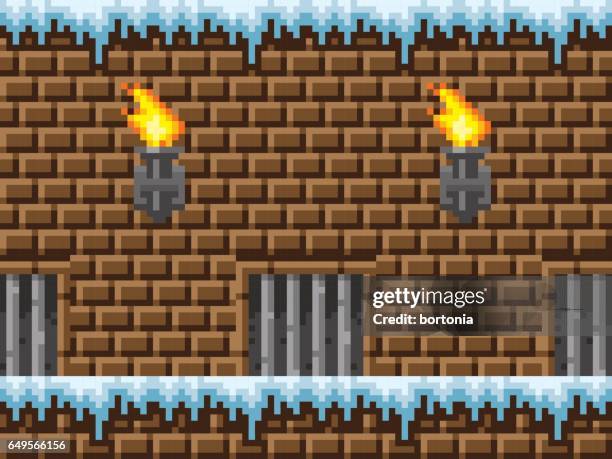 pixel art icy dungeon seamless horizontal pattern - dungeon stock illustrations