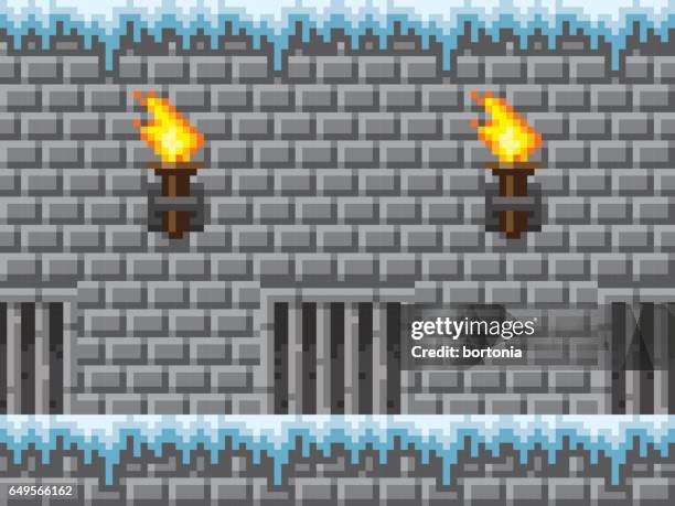 pixel art icy dungeon seamless horizontal pattern - 8 bit stock illustrations