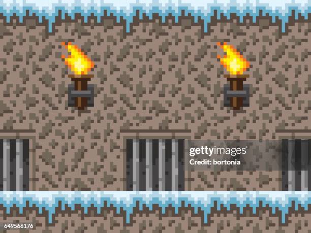 pixel art icy dungeon seamless horizontal pattern - dungeon stock illustrations