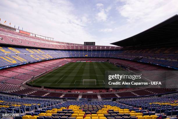 View of the Camp Nou stadium ahead of the UEFA Champions League Round of 16 second leg match between FC Barcelona and Paris Saint-Germain at Camp Nou...