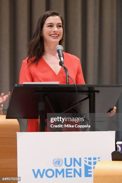 Actress Anne Hathaway speaks during 2017 International Women's Day at United Nations Headquarters on March 8, 2017 in New York City.
