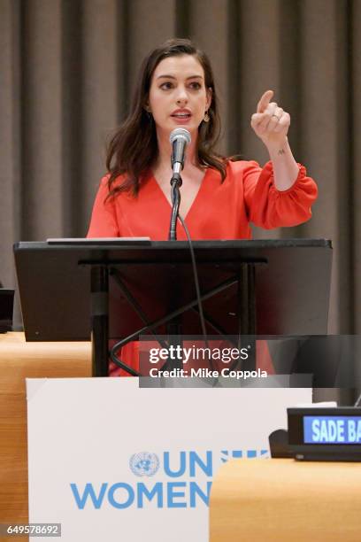 Actress Anne Hathaway speaks during 2017 International Women's Day at United Nations Headquarters on March 8, 2017 in New York City.