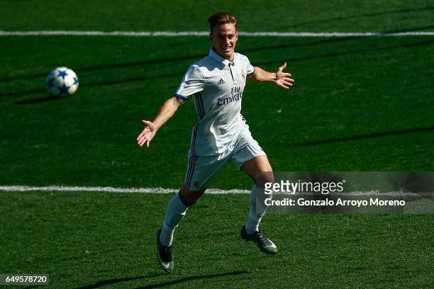 Dani Gomez of Real Madrid CF celebrates scoring their opening goal during the UEFA Youth League Quarter Final first leg match between Real Madrid CF...