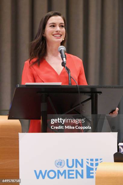 Actress Anne Hathaway speaks during 2017 International Women's Day at United Nations Headquarters on March 8, 2017 in New York City.