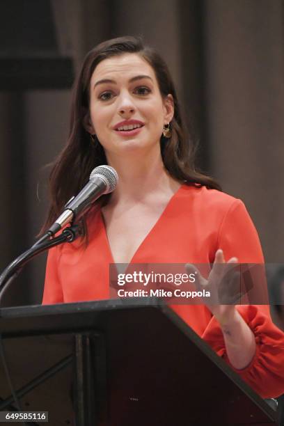 Actress Anne Hathaway speaks during 2017 International Women's Day at United Nations Headquarters on March 8, 2017 in New York City.