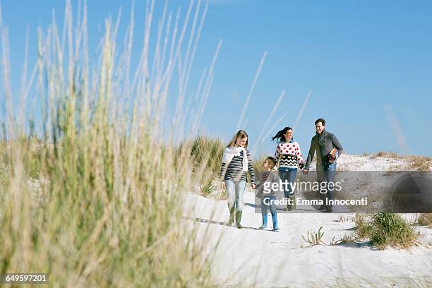 family arriving at the beach on sunny winter day - marram grass stockfoto's en -beelden