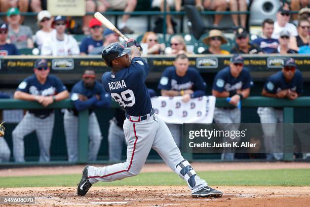 Ronald Acuna of the Atlanta Braves in action against the Pittsburgh Pirates on March 7, 2017 at LECOM Park in Bradenton, Florida.