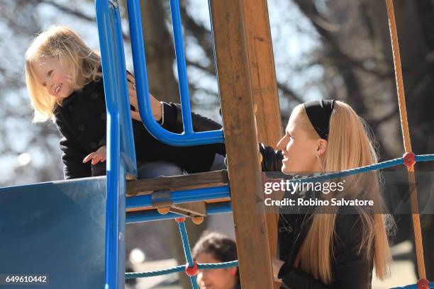 Michelle Hunziker and daughter are seen on March 8, 2017 in Milan, Italy.