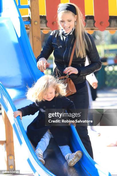 Michelle Hunziker and daughter are seen on March 8, 2017 in Milan, Italy.