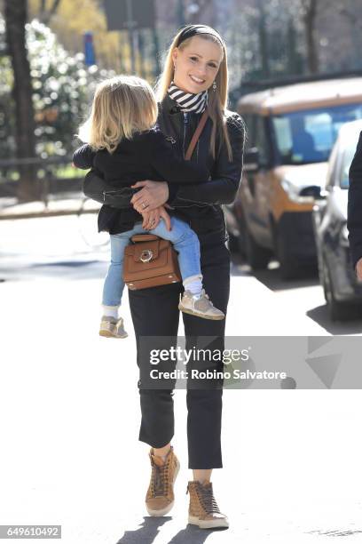 Michelle Hunziker and daughter are seen on March 8, 2017 in Milan, Italy.