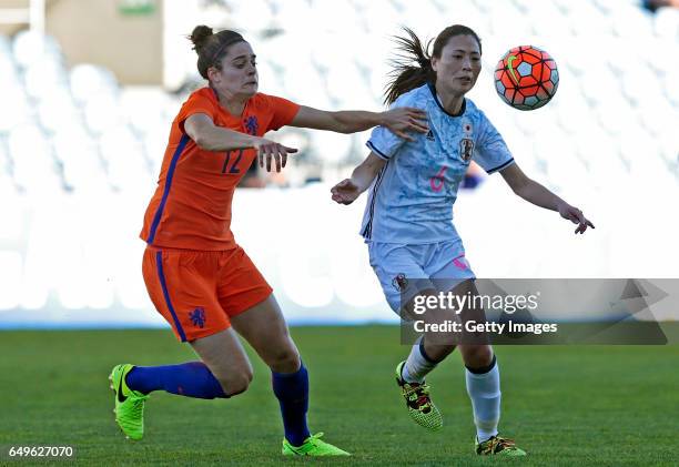 Rumi Utsugi of Japan Women challenges Tessel Middag of Netherlands Women during the match between Japan v Netherlands - Women's Algarve Cup on March...