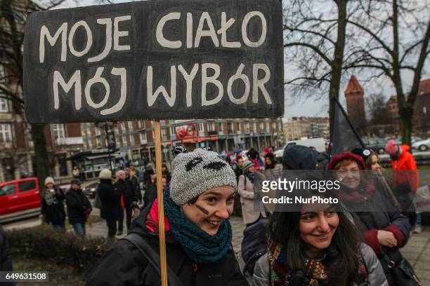 Protesters are seen on 8 March 2017 in Gdansk, Poland . Thousands gather in Gdansk to mark International Women's Day and demand civil rights, full...