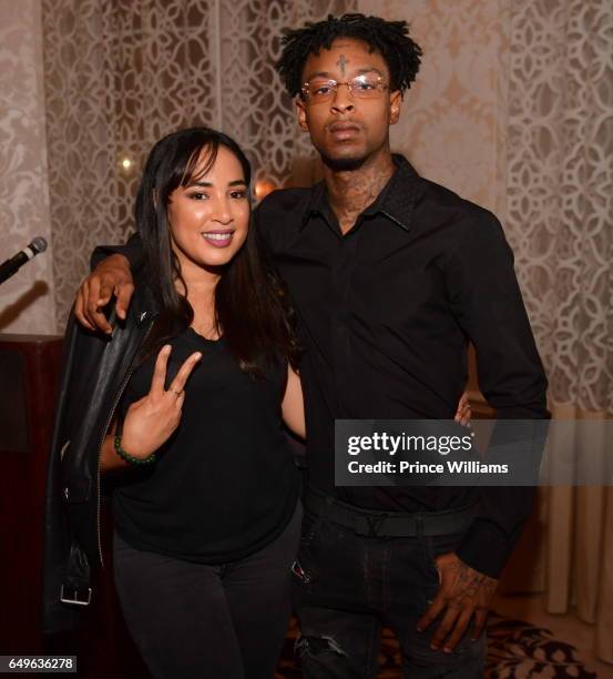 Jennifer Drake and 21 Savage attend a Private Dinner Supporting Candidate Kwanza Hall at the Georgian Terrace Hotel on March 7, 2017 in Atlanta...