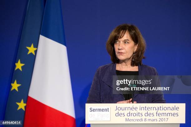 French Minister for Families, Children and Women's Rights, Laurence Rossignol delivers a speech during a meeting for the International Women's Day at...